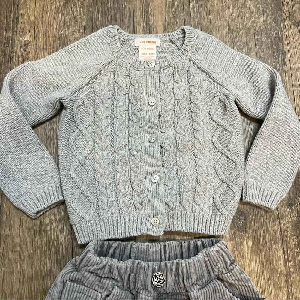 Kids Button Down Gray Knitted Cardigan and Corduroy Pants Size 18-24 Months